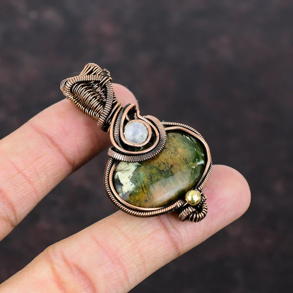 Australian Chrome Chalcedony Oval Green Handmade Copper Wire Wrapped Pendant