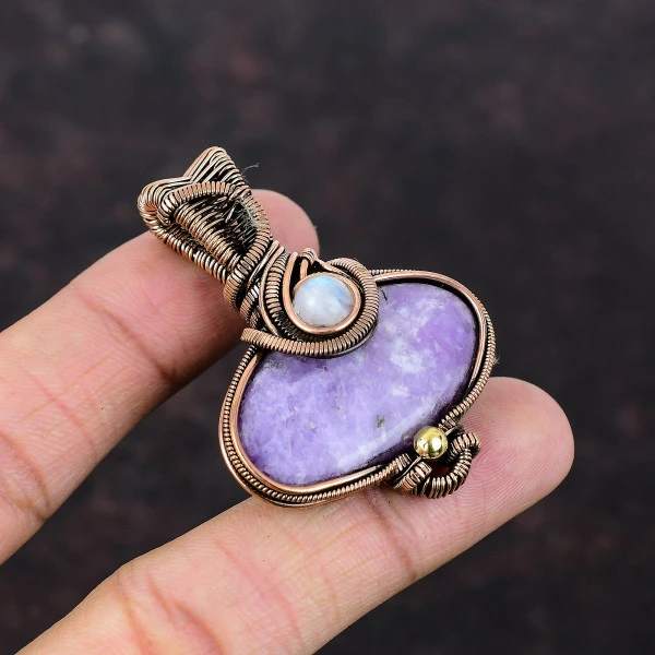 Lepidolite Oval Purple Handmade Copper Wire Wrapped Pendant
