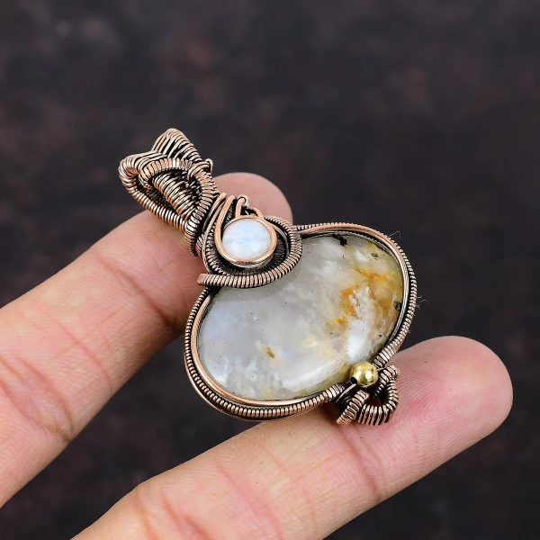 Plume Agate Oval Yellow Handmade Copper Wire Wrapped Pendant