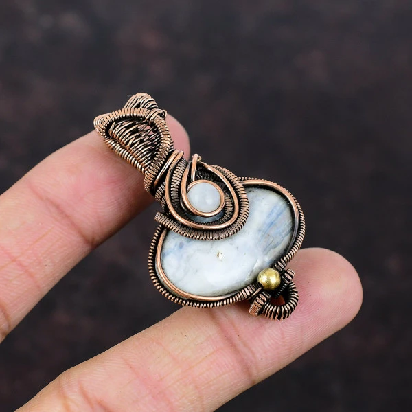 Blue Scheelite Oval Blue Handmade Copper Wire Wrapped Pendant