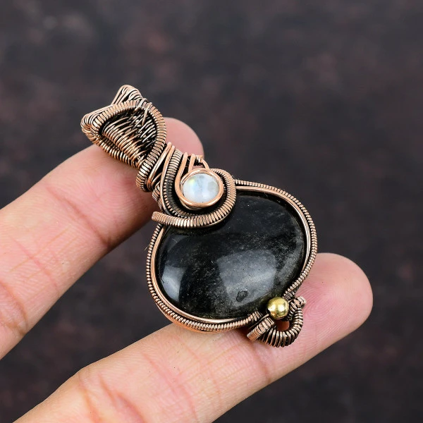 Silver Sheen Obsidian Oval Black Handmade Copper Wire Wrapped Pendant