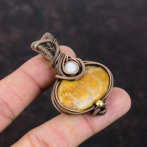 Fossil Coral Oval Yellow Handmade Copper Wire Wrapped Pendant