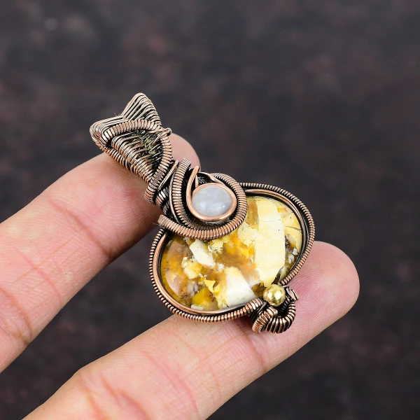 Brecciated Mookaite Oval Yellow Handmade Copper Wire Wrapped Pendant