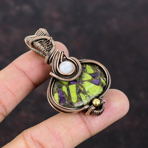 Copper Stichtite Oval Green Handmade Copper Wire Wrapped Pendant
