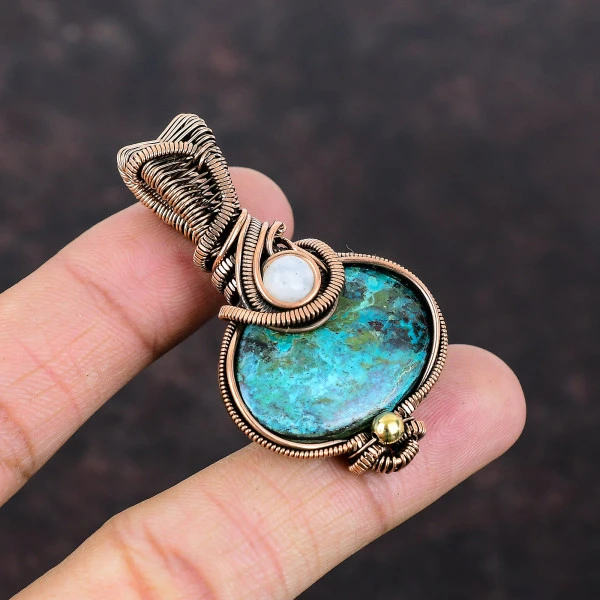 Shattuckite Oval Blue Handmade Copper Wire Wrapped Pendant