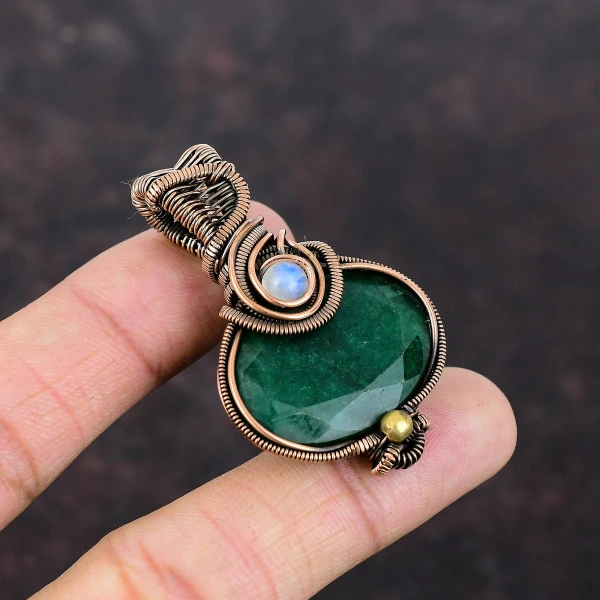 Zambian Emerald Oval Green Handmade Copper Wire Wrapped Pendant