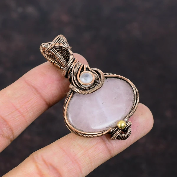 Rose Quartz Oval Pink Handmade Copper Wire Wrapped Pendant