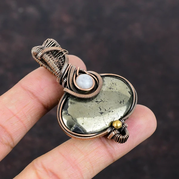 Pyrite Oval Gold Handmade Copper Wire Wrapped Pendant