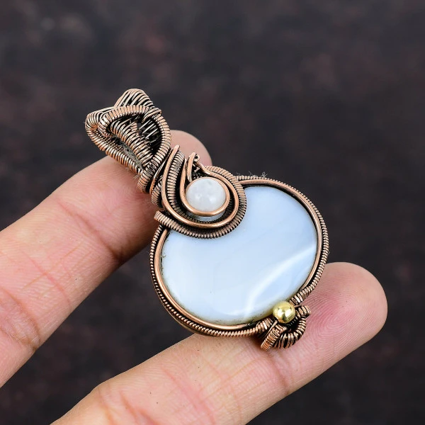 Mexican Laguna Lace Agate Oval White Handmade Copper Wire Wrapped Pendant