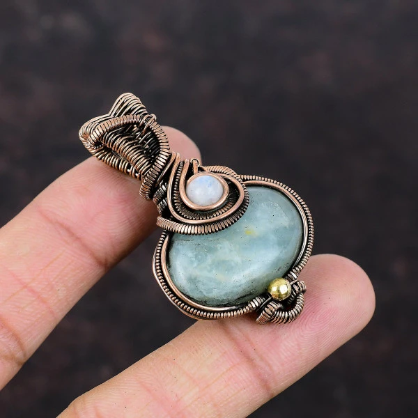 Aquamarine Oval Green Handmade Copper Wire Wrapped Pendant
