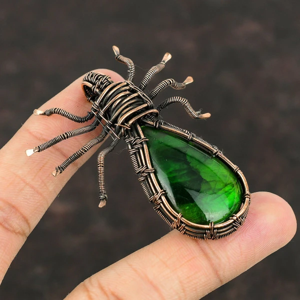Green Fire Labradorite Pear Green Handmade Copper Wire Wrapped Pendant