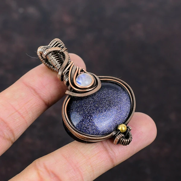 Blue Sunstone Oval Blue Handmade Copper Wire Wrapped Pendant