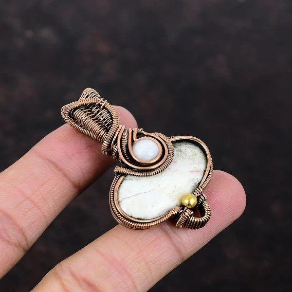 Cinnabar Oval White Handmade Copper Wire Wrapped Pendant