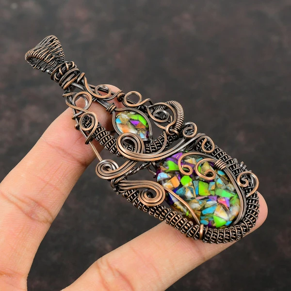Fiesta Kingman Turquoise Oval Green Handmade Copper Wire Wrapped Pendant