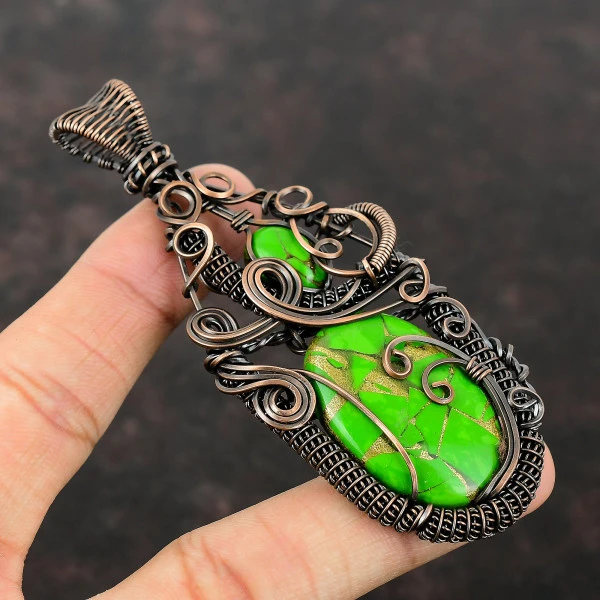 Copper Green Turquoise Oval Green Handmade Copper Wire Wrapped Pendant