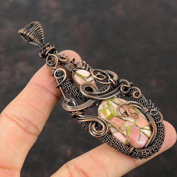 Copper Pink Opal Oval Pink Handmade Copper Wire Wrapped Pendant