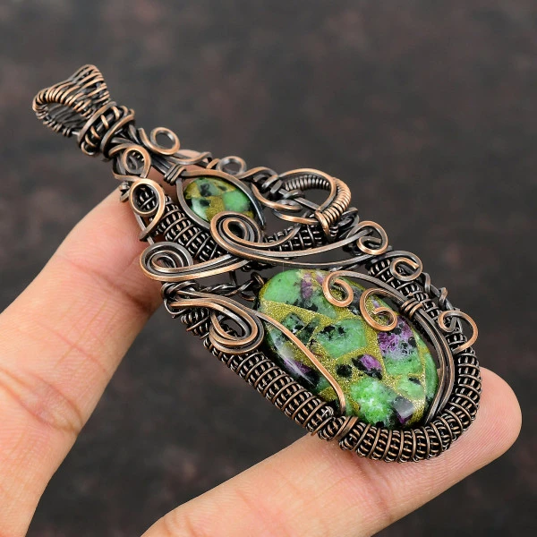 Copper Ruby Zoisite Oval Green Handmade Copper Wire Wrapped Pendant