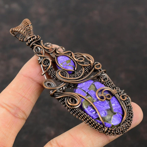 Copper Charoite Oval Purple Handmade Copper Wire Wrapped Pendant