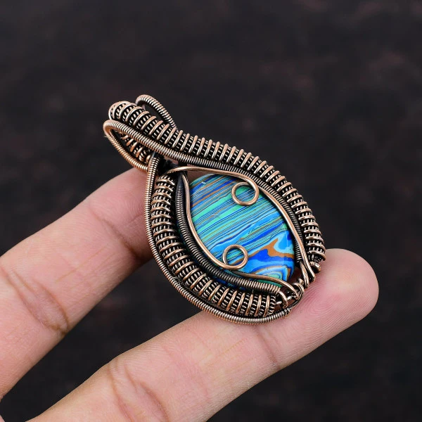 Rainbow Calsilica Oval Blue Handmade Copper Wire Wrapped Pendant