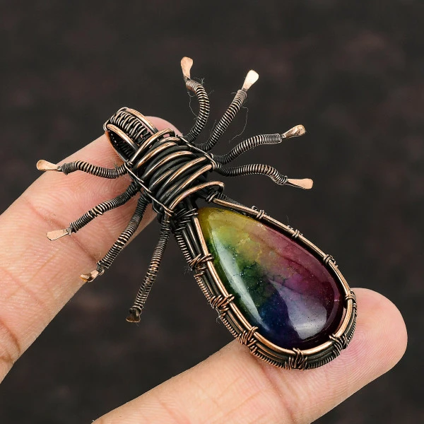 Rainbow Solar Quartz Druzy Pear Purple Handmade Copper Wire Wrapped Pendant