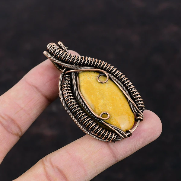 Fossil Coral Oval Yellow Handmade Copper Wire Wrapped Pendant