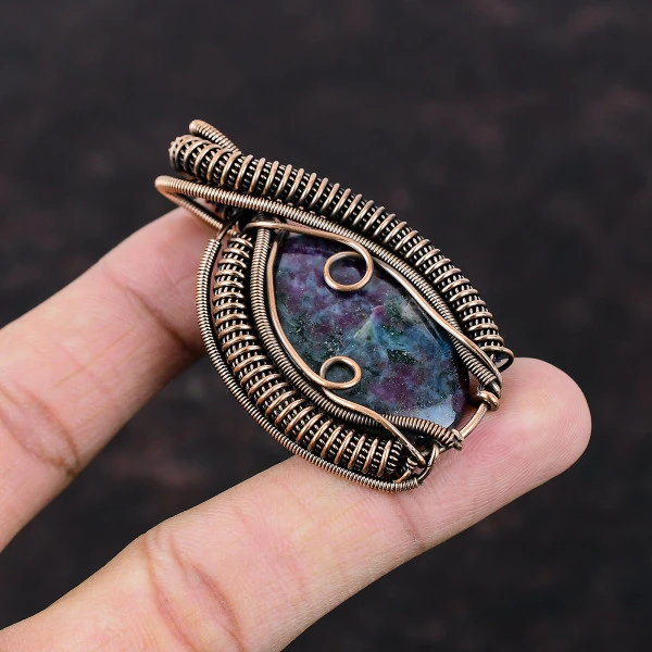 Ruby In Blue Kyanite Oval Blue Handmade Copper Wire Wrapped Pendant