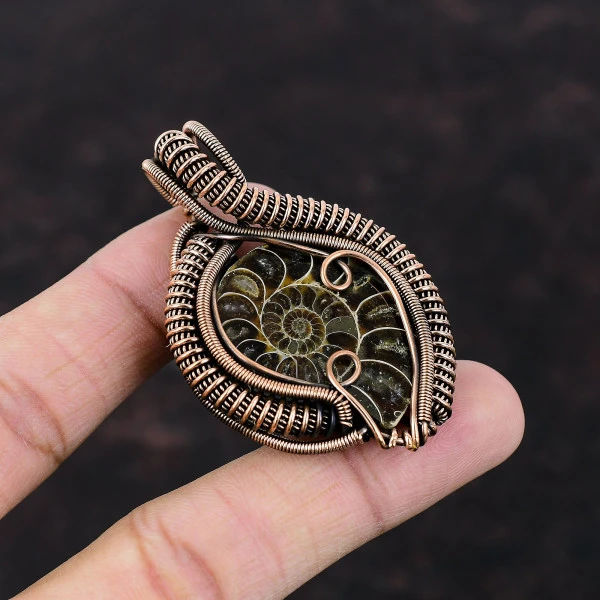 Ammonite Fossil Pear Brown Handmade Copper Wire Wrapped Pendant