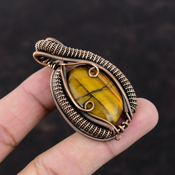 Tiger's Eye Oval Brown Handmade Copper Wire Wrapped Pendant