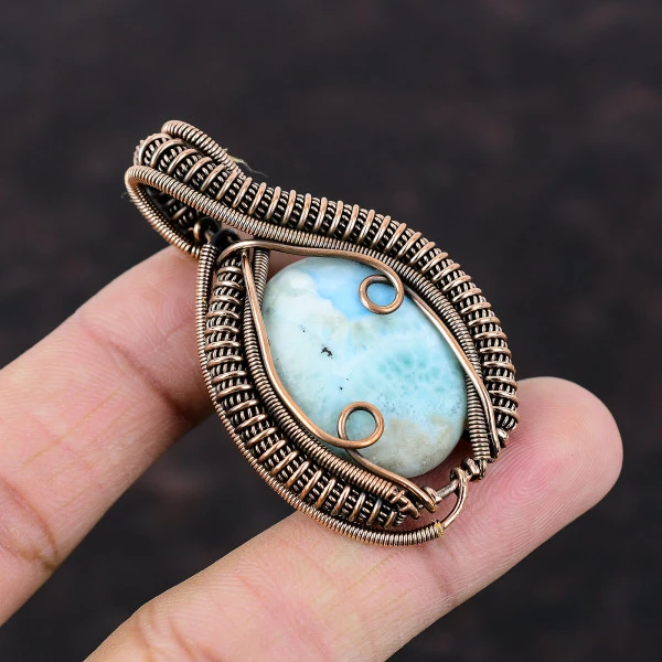 Larimar Oval Blue Handmade Copper Wire Wrapped Pendant
