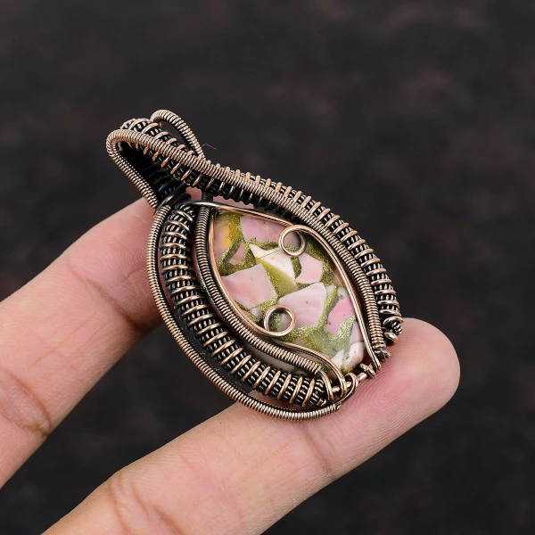 Copper Pink Opal Oval Pink Handmade Copper Wire Wrapped Pendant