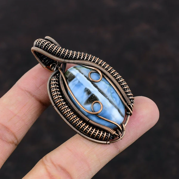 Owyhee Blue Opal Oval Blue Handmade Copper Wire Wrapped Pendant