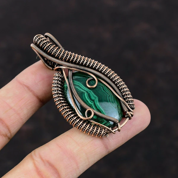 Malachite Oval Green Handmade Copper Wire Wrapped Pendant