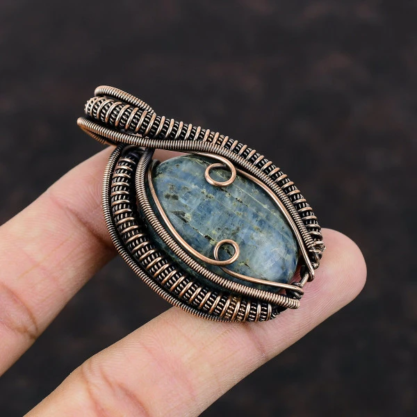 Kyanite Oval Blue Handmade Copper Wire Wrapped Pendant