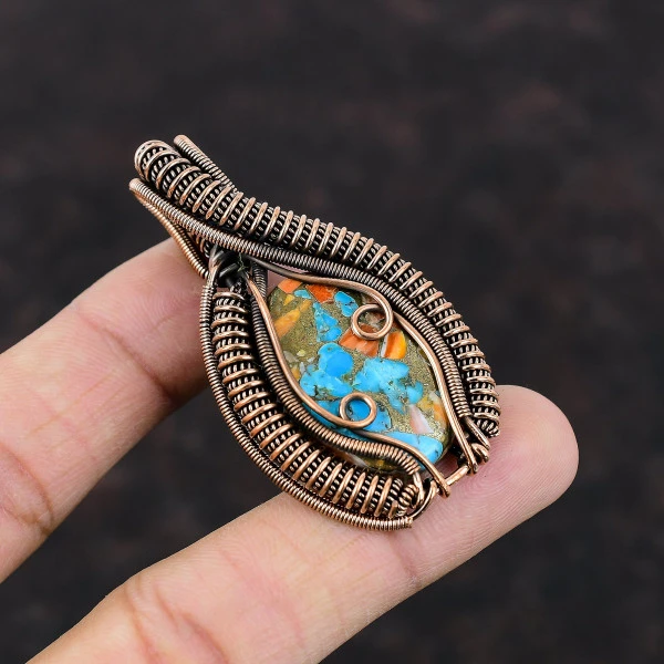 Spiny Oyster Copper Turquoise Oval Orange Handmade Copper Wire Wrapped Pendant