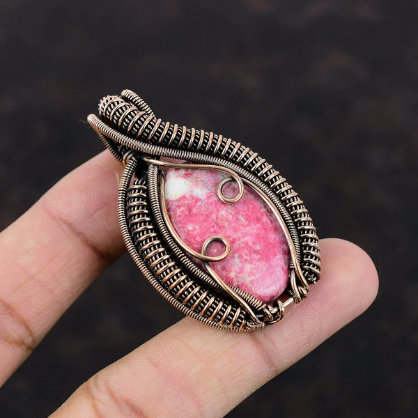 Thulite Oval Pink Handmade Copper Wire Wrapped Pendant