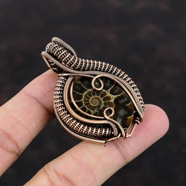 Ammonite Fossil Pear Brown Handmade Copper Wire Wrapped Pendant