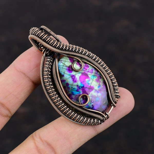 Multi Fire Labradorite Oval Pink Handmade Copper Wire Wrapped Pendant