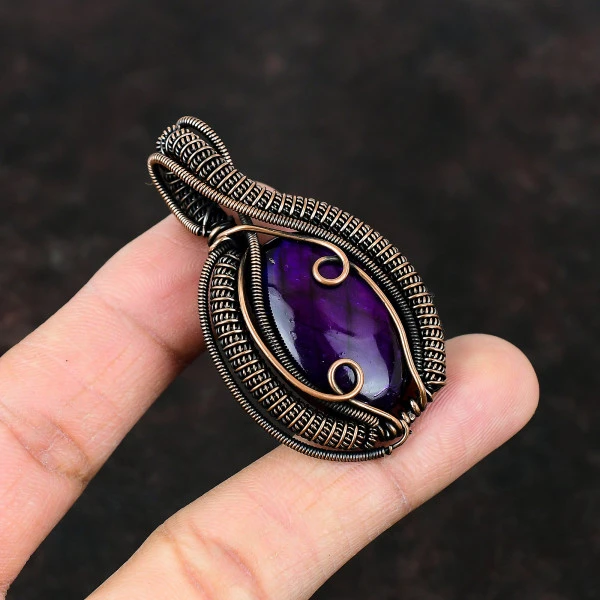 Purple Fire Labradorite Oval Purple Handmade Copper Wire Wrapped Pendant