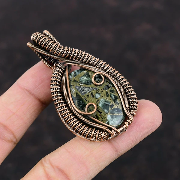 Copper Seraphinite Oval Green Handmade Copper Wire Wrapped Pendant