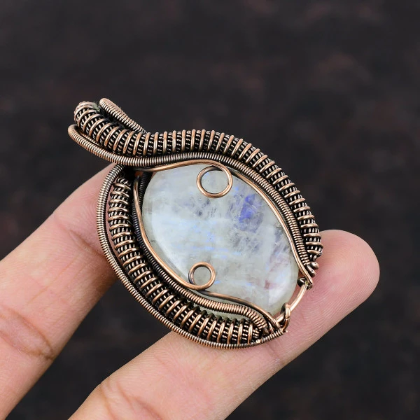 Rainbow Moonstone Oval White Handmade Copper Wire Wrapped Pendant