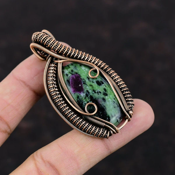 Copper Ruby Zoisite Oval Green Handmade Copper Wire Wrapped Pendant