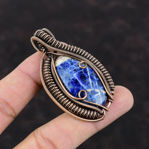 Sodalite Oval Blue Handmade Copper Wire Wrapped Pendant