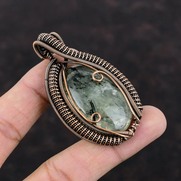 Moss Prehnite Oval Green Handmade Copper Wire Wrapped Pendant