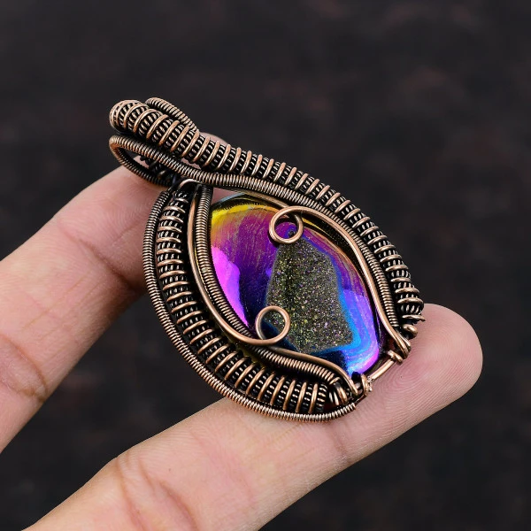 Titanium Druzy Oval Pink Handmade Copper Wire Wrapped Pendant
