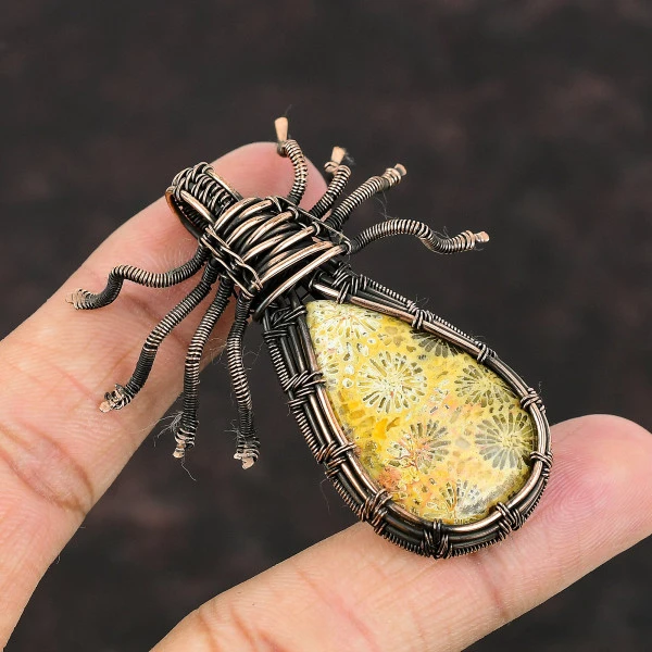 Fossil Coral Pear Yellow Handmade Copper Wire Wrapped Pendant