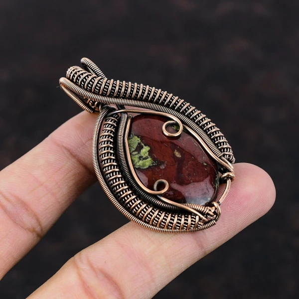 Dragon Bloodstone Oval Red Handmade Copper Wire Wrapped Pendant