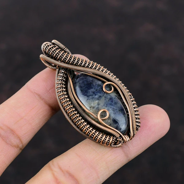 Iolite Sunstone Oval Blue Handmade Copper Wire Wrapped Pendant