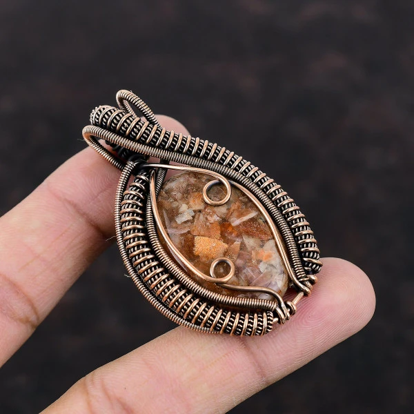 Sunstone Oval Orange Handmade Copper Wire Wrapped Pendant
