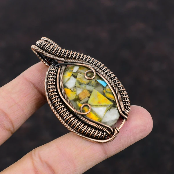 Copper Bumble Bee Jasper Oval Yellow Handmade Copper Wire Wrapped Pendant