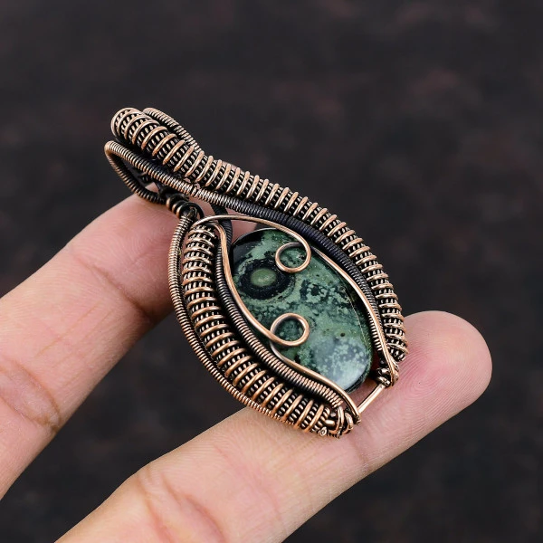 Kambaba Jasper Oval Green Handmade Copper Wire Wrapped Pendant